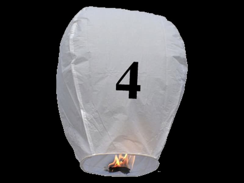witte wens ballon vliegende lantaarn klaar voor gebruik, gemaakt met brandwerend en biologisch afbreekbaar papier, sterke brander, het volstaat de lantaarn te openen, de brander aan te steken en hij vliegt vanzelf, schrijf je wens in de lucht met deze vliegende lantaarn met nummer 4