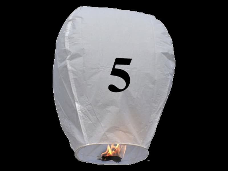 Write your text in the sky with our sky lanterns with letters, fire resistant and biodegradable paper,  these flying lanterns are ready for use, open, light and they will fly, this paper lantern with the number 5