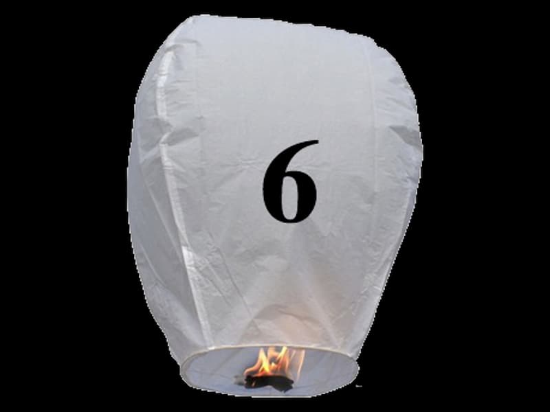 Write your text in the sky with our sky lanterns with letters, fire resistant and biodegradable paper,  these flying lanterns are ready for use, open, light and they will fly, this paper lantern with the number 6