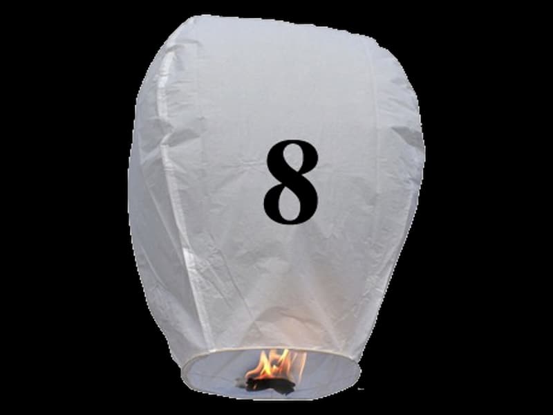 Write your text in the sky with our sky lanterns with letters, fire resistant and biodegradable paper,  these flying lanterns are ready for use, open, light and they will fly, this paper lantern with the number 8