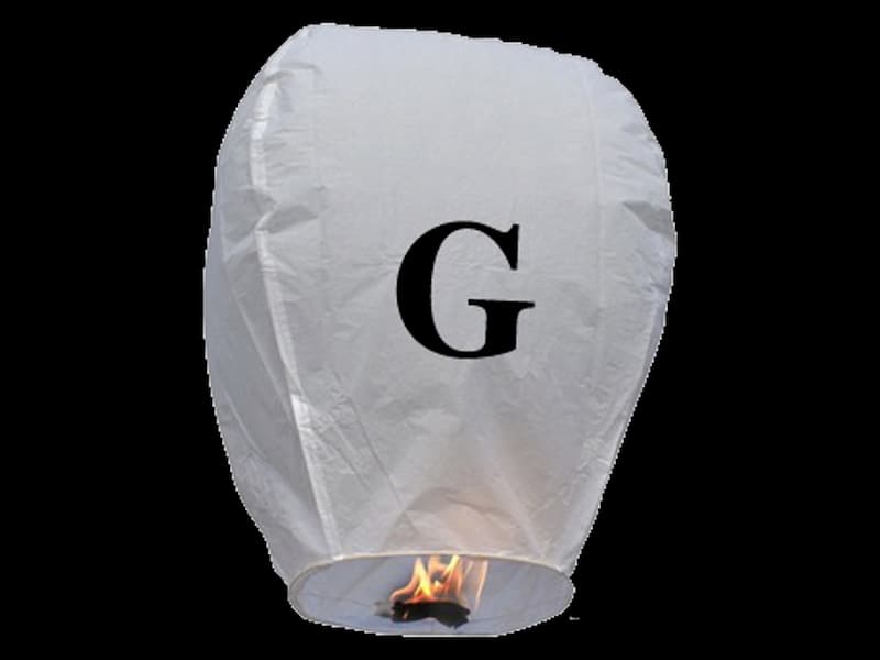 Write your text in the sky with our sky lanterns with letters, fire resistant and biodegradable paper,  these flying lanterns are ready for use, open, light and they will fly, this paper lantern with the letter G