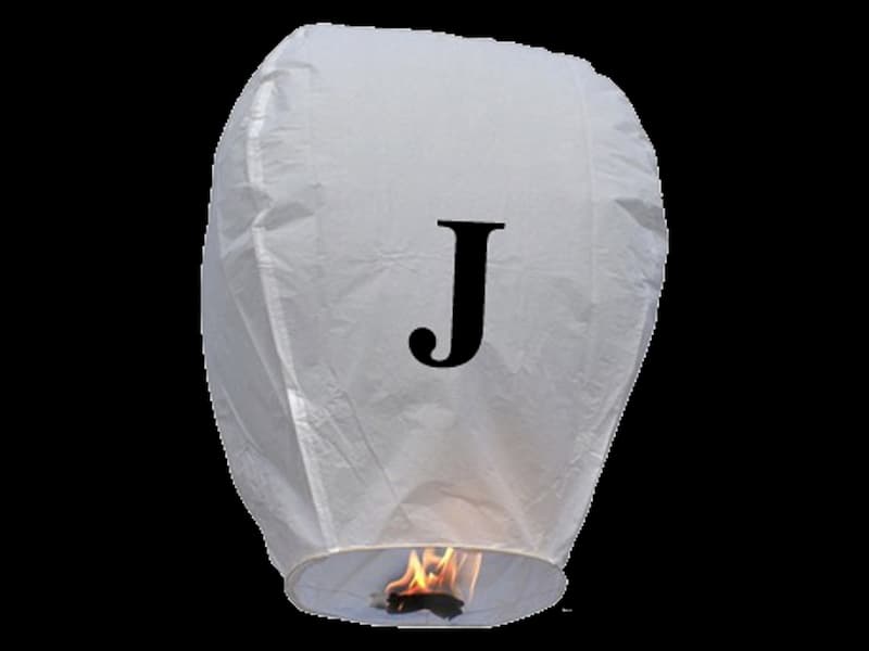 Write your text in the sky with our sky lanterns with letters, fire resistant and biodegradable paper,  these flying lanterns are ready for use, open, light and they will fly, this paper lantern with the letter J