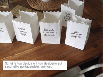scrivi il tuo messaggio, desiderio, pensiero sul sacchetto portacandele luminose, più bello di una cartolina, anche come regalo molto originale, o come dichiarazione d’amore!