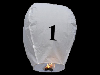 witte wens ballon vliegende lantaarn klaar voor gebruik, gemaakt met brandwerend en biologisch afbreekbaar papier, sterke brander, het volstaat de lantaarn te openen, de brander aan te steken en hij vliegt vanzelf, schrijf je wens in de lucht met deze vliegende lantaarn met nummer