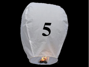 witte wens ballon vliegende lantaarn klaar voor gebruik, gemaakt met brandwerend en biologisch afbreekbaar papier, sterke brander, het volstaat de lantaarn te openen, de brander aan te steken en hij vliegt vanzelf, schrijf je wens in de lucht met deze vliegende lantaarn met nummer 5