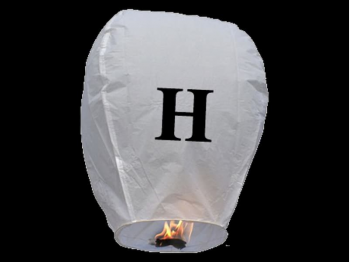 witte wens ballon vliegende lantaarn klaar voor gebruik, gemaakt met brandwerend en biologisch afbreekbaar papier, sterke brander, het volstaat de lantaarn te openen, de brander aan te steken en hij vliegt vanzelf, schrijf je wens in de lucht met deze vliegende lantaarn met letter H